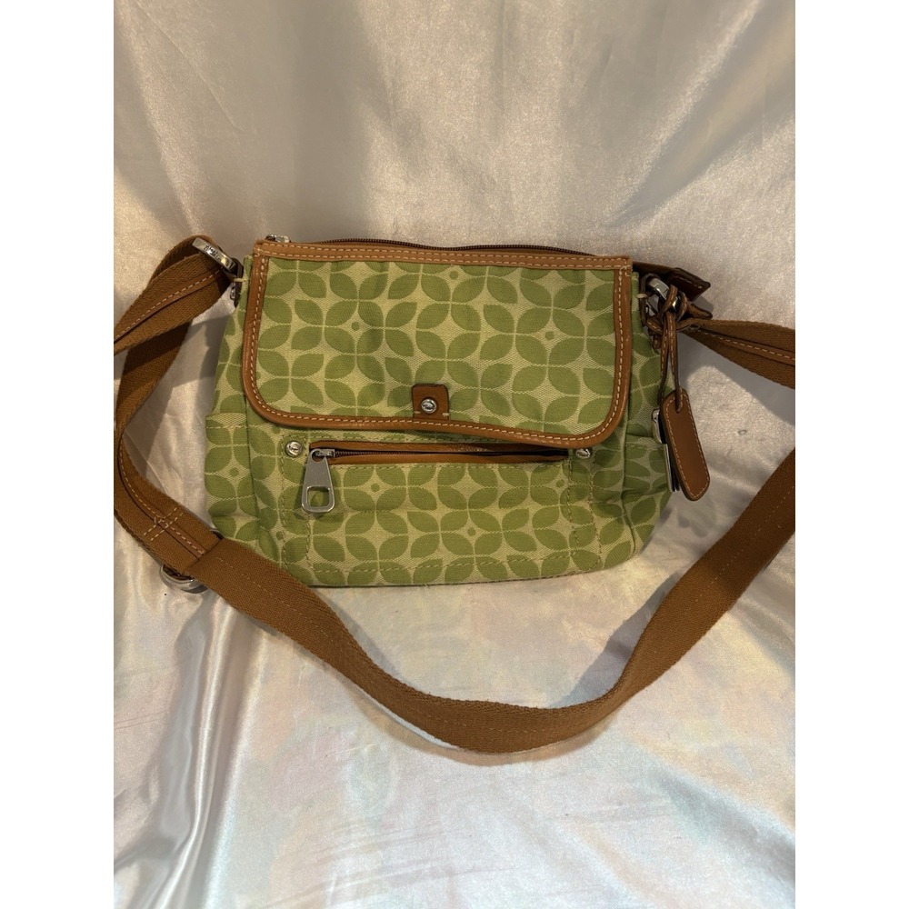 Fossil Key-Per Crossbody Bag Womens Green Floral Canvas Leather Trim Handbag